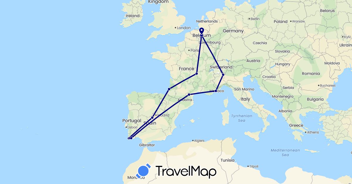 TravelMap itinerary: driving in Belgium, Spain, France, Italy, Portugal (Europe)